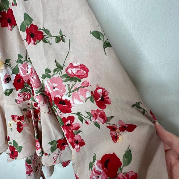 NWT Leith Pink Adobe Taupe Pink Red Floral Print Bell Sleeve Ruffle Wrap Top S - Picture 8 of 14